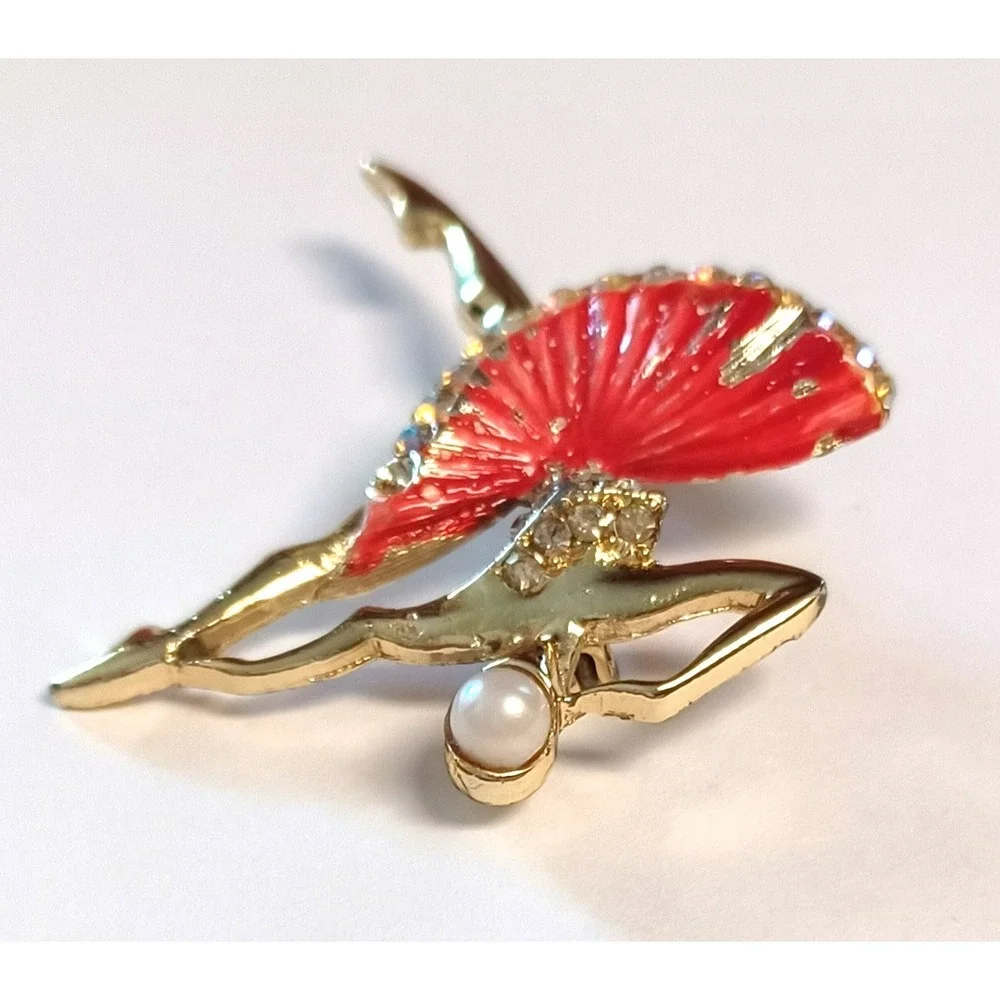 Ballerina Dancer Brooch Pin Gold Tone Red Enamel Rhinestone Faux Pearl Accent